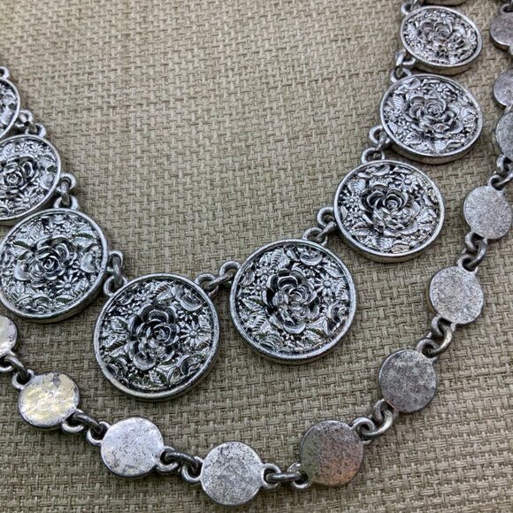 Lucky Brand Distressed Silver Tone Roses Coin Double Strand Chain Necklace - Picture 1 of 7